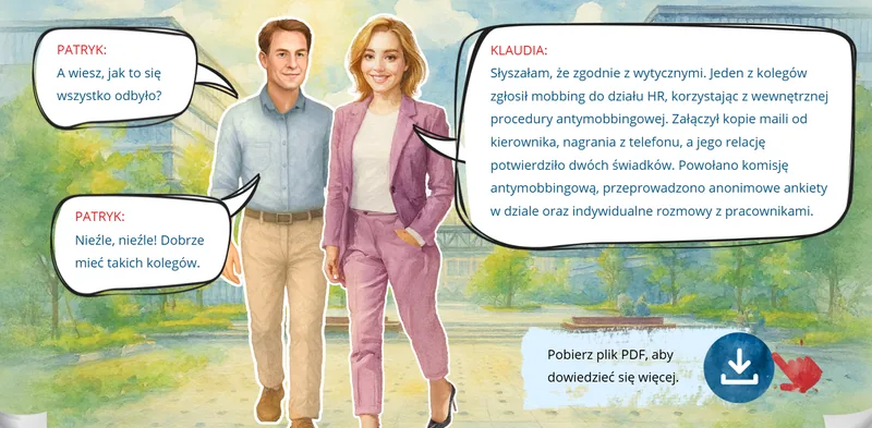 Ekran ze szkolenia: Patryk i Klaudia rozmawiają o zgłoszeniu mobbingu